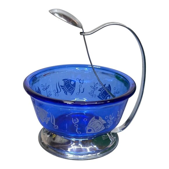 Vintage Hazel Atlas Fish Cobalt Blue Glass Bowl Chrome Stand Ladle Spoon RARE 6